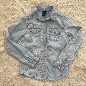 Desigual button up denim shirt long sleeve boy girl fun print blue size 9-10